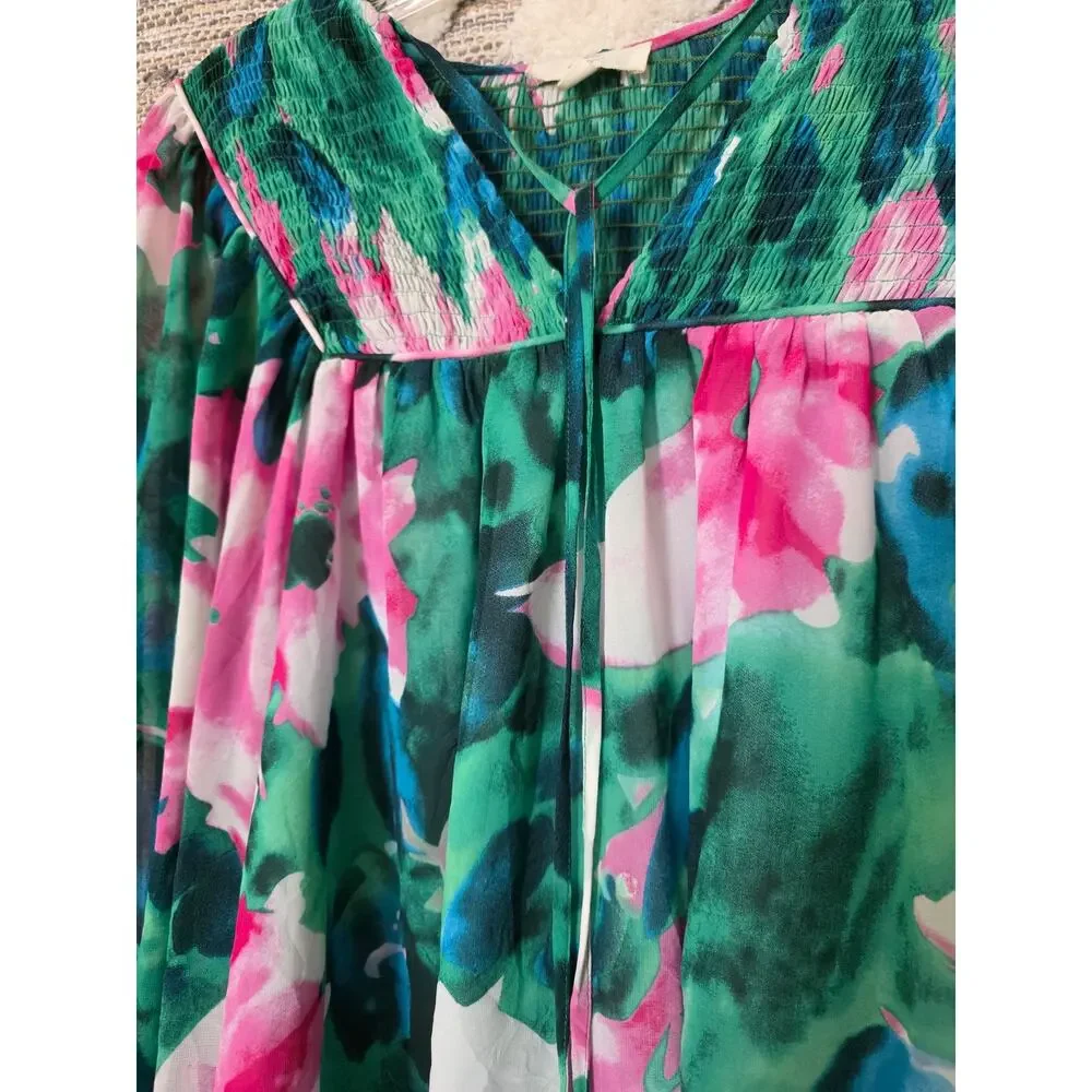 Entro Women's Floral Peasant Blouse Size S Green Pink Smocked Balloon Sleeve